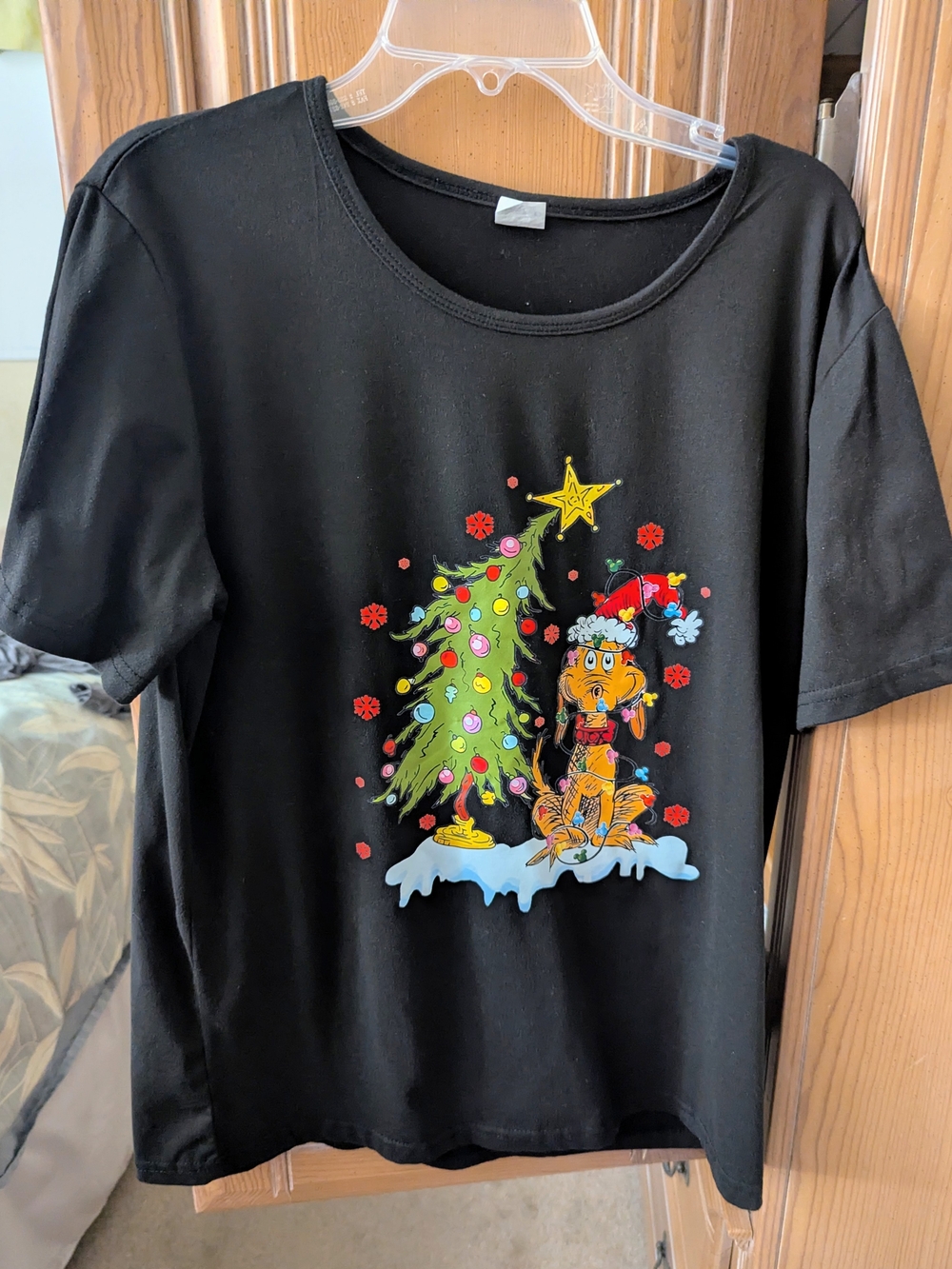 Women's Black Christmas T-Shirt with Festive Cartoon Design